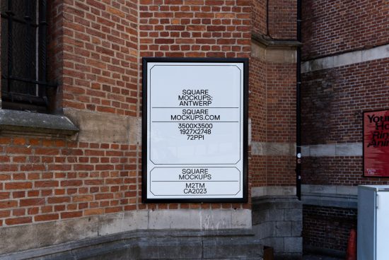 Square poster mockup on urban brick wall displaying design specifications, ideal for showcasing graphics in a realistic setting, suitable for designer portfolios.